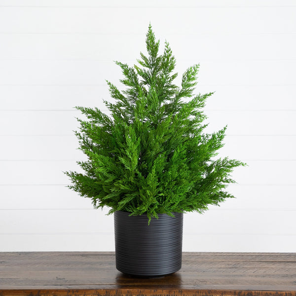 28” Artificial Real Touch Winter Cypress Bush in Black Decorative Planter