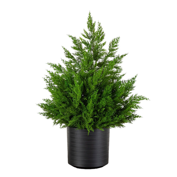 28” Artificial Real Touch Winter Cypress Bush in Black Decorative Planter
