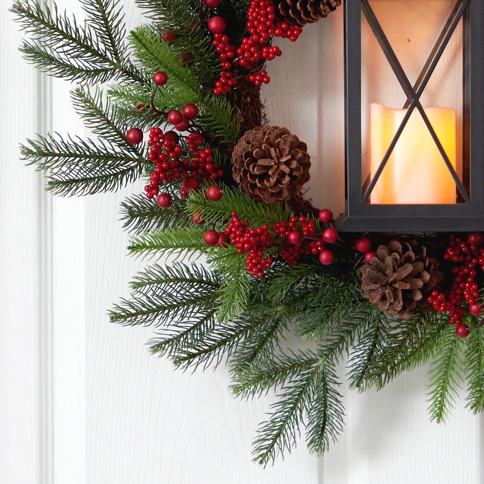28” Berries and Pine Artificial Christmas Wreath with Lantern and
