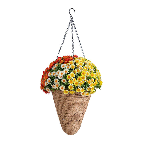28” UV Resistant Autumn Artificial Fall Mixed Daisy in Cone Hanging Basket (Indoor/Outdoor)