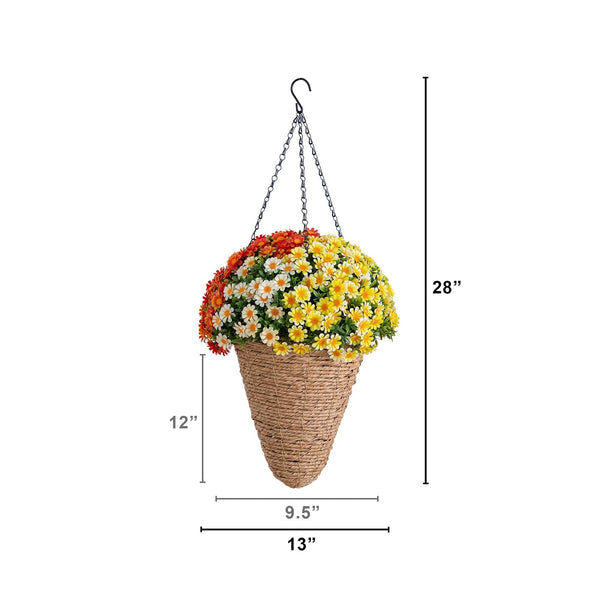 28” UV Resistant Autumn Artificial Fall Mixed Daisy in Cone Hanging Basket (Indoor/Outdoor)