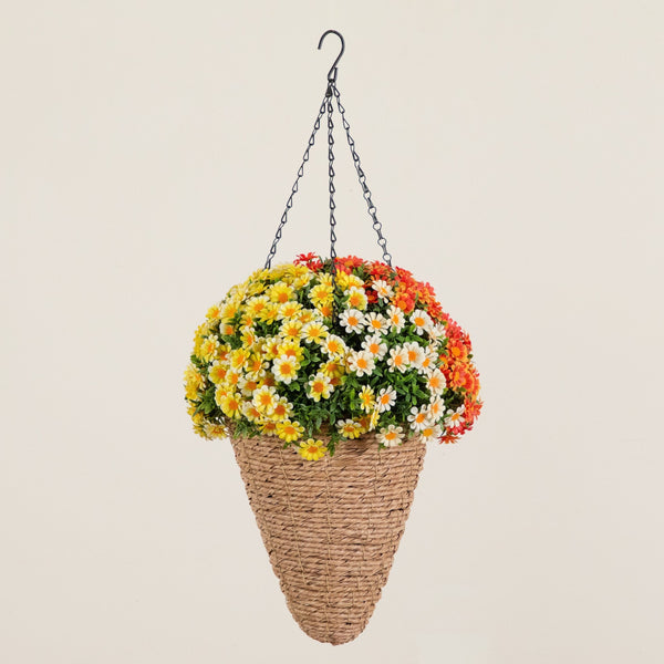 28” UV Resistant Autumn Artificial Fall Mixed Daisy in Cone Hanging Basket (Indoor/Outdoor)