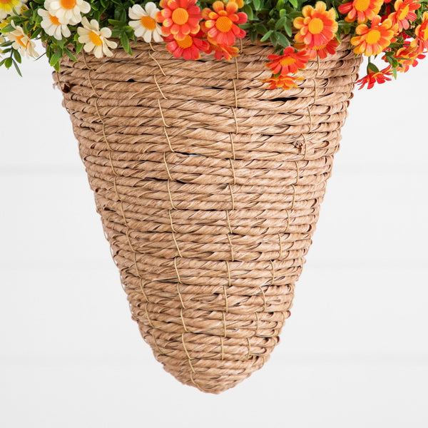 28” UV Resistant Autumn Artificial Fall Mixed Daisy in Cone Hanging Basket (Indoor/Outdoor)