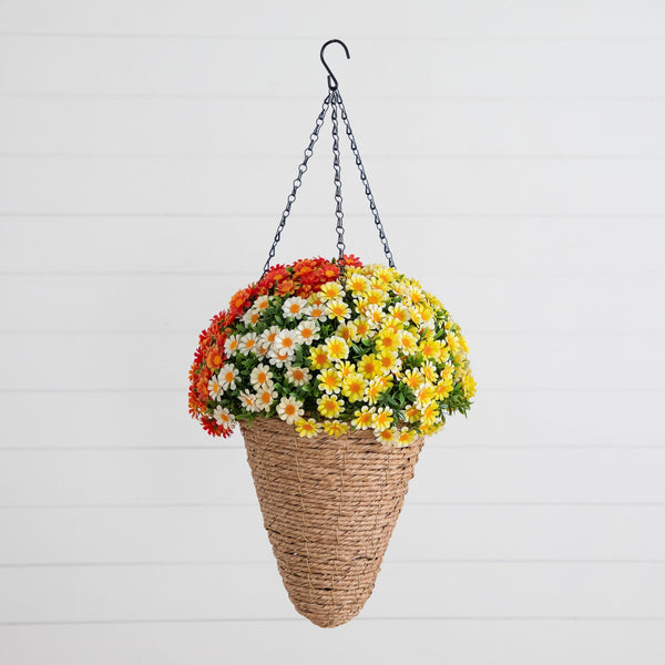 28” UV Resistant Autumn Artificial Fall Mixed Daisy in Cone Hanging Basket (Indoor/Outdoor)