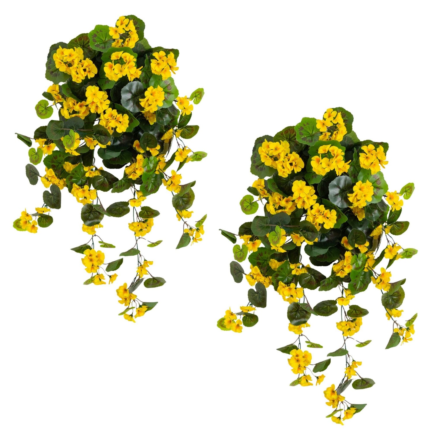 nearly natural geranium hanging basket artificial plant uv resistant 29" UV Geranium Hanging Plant Set of 2 (Yellow) – Nearly Natural
