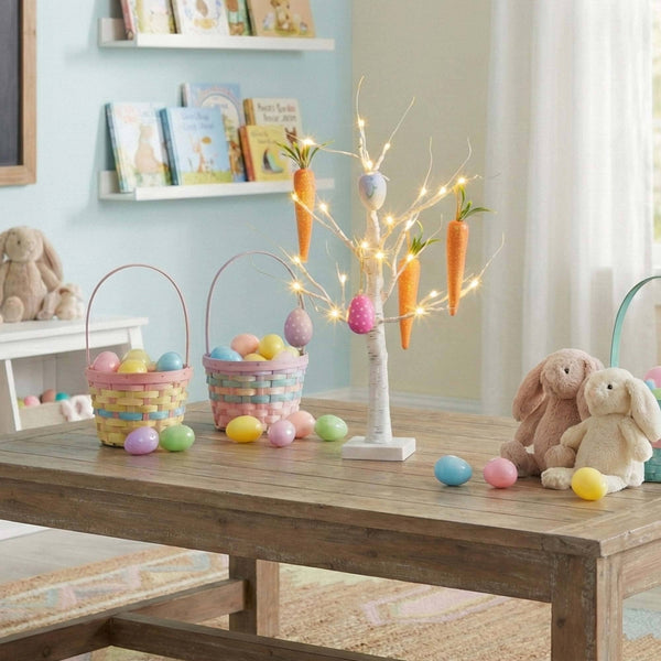 2' Pre-Lit Artificial Easter Egg and Carrots Ornament Twig Tree with 24 Warm White LED Lights
