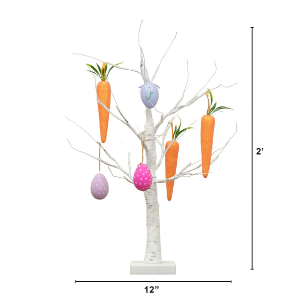 2' Pre-Lit Artificial Easter Egg and Carrots Ornament Twig Tree with 24 Warm White LED Lights