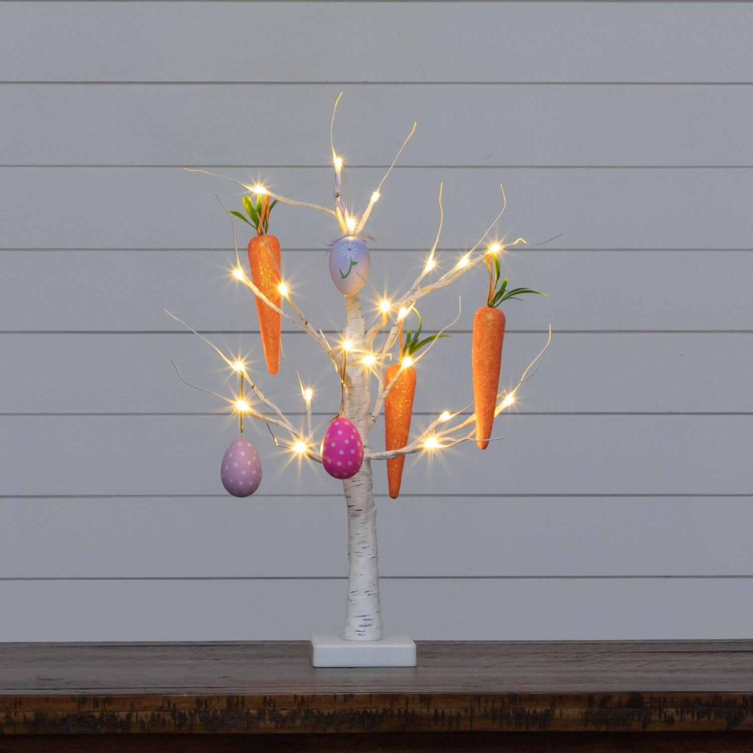 2' Pre-Lit Artificial Easter Egg and Carrots Ornament Twig Tree with 24 Warm White LED Lights