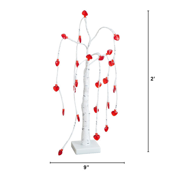 2' Pre-Lit Artificial Valentine's Day Willow Tree with 24 Heart Shaped LED Lights
