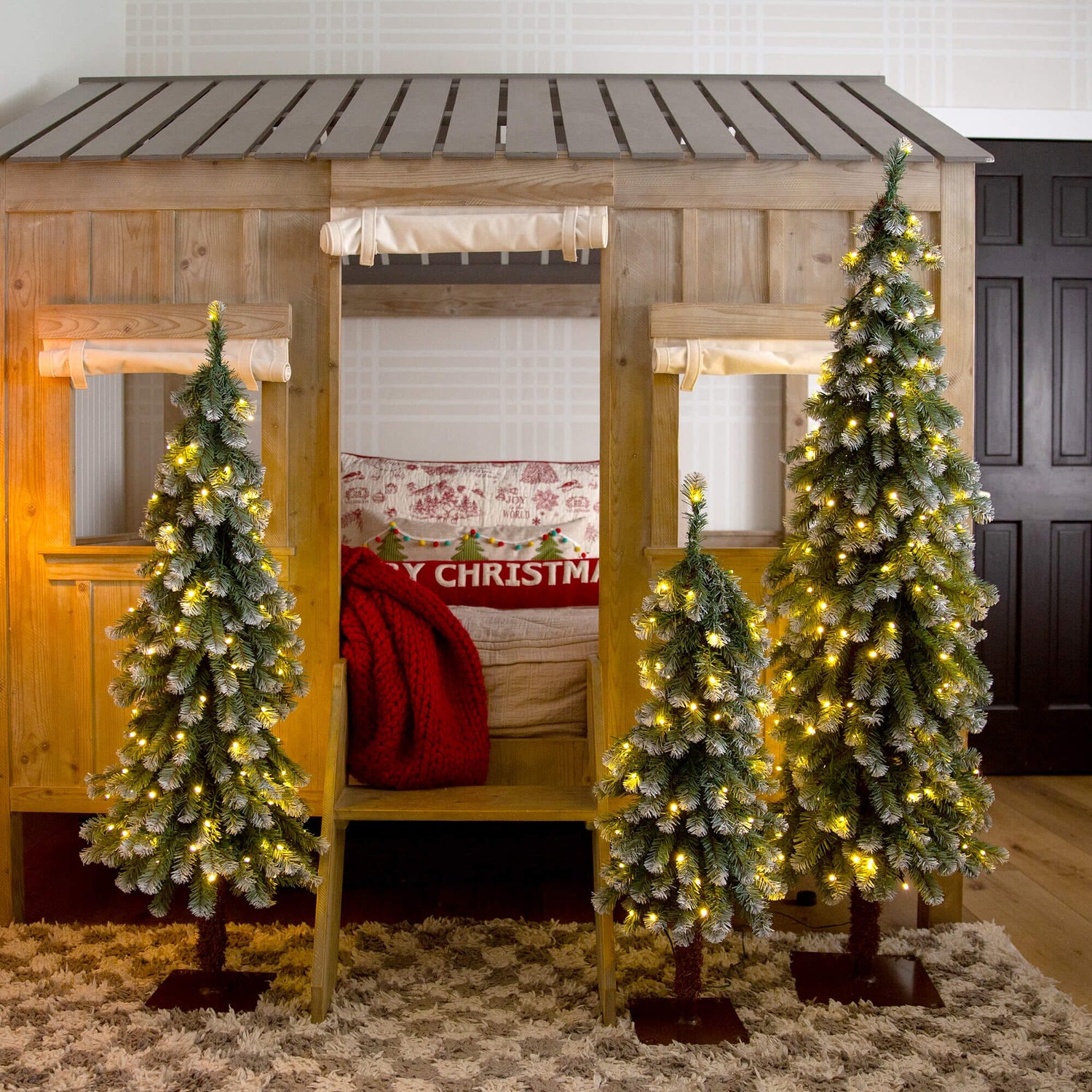 3' 4' 5' Pre-Lit Frosted Artificial Christmas Tree Set with Warm LED Lights - Set of 3