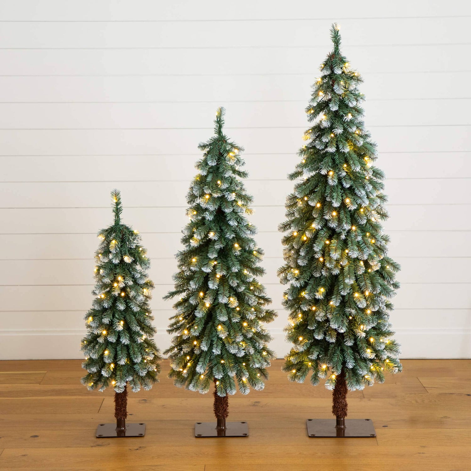3' 4' 5' Pre-Lit Frosted Artificial Christmas Tree Set with Warm LED Lights - Set of 3