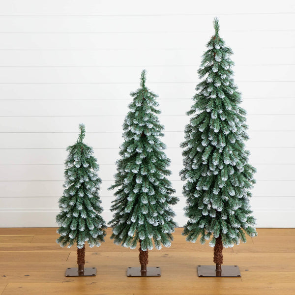 3' 4' 5' Pre-Lit Frosted Artificial Christmas Tree Set with Warm LED Lights - Set of 3