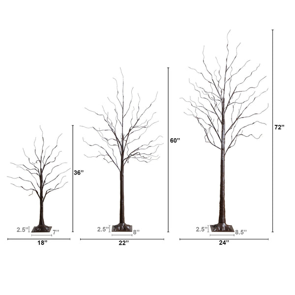 3' 5' 6' Artificial Brown Birch Trees with Warm White LED Lights - Set of 3