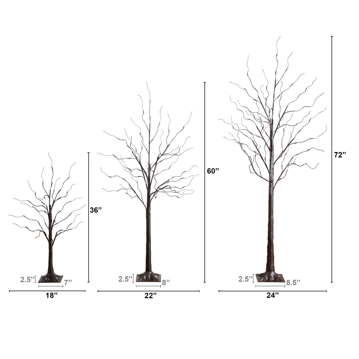 3' 5' 6' Artificial Brown Birch Trees with Warm White LED Lights - Set of 3