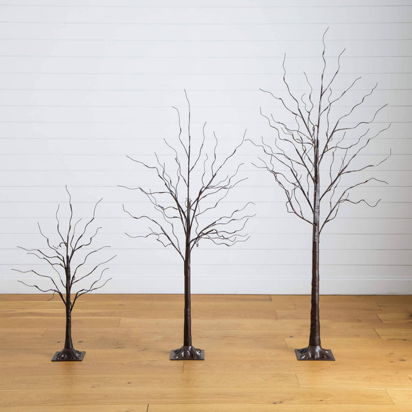 3' 5' 6' Artificial Brown Birch Trees with Warm White LED Lights - Set of 3