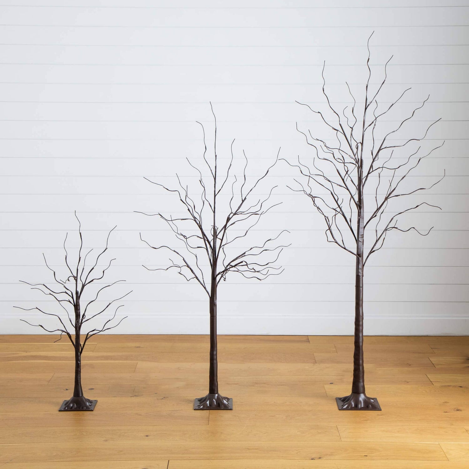 3' 5' 6' Artificial Brown Birch Trees with Warm White LED Lights - Set of 3