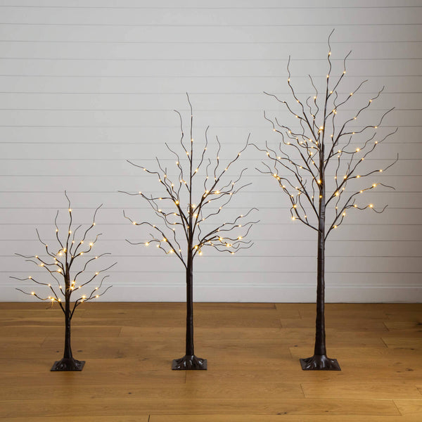 3' 5' 6' Artificial Brown Birch Trees with Warm White LED Lights - Set of 3