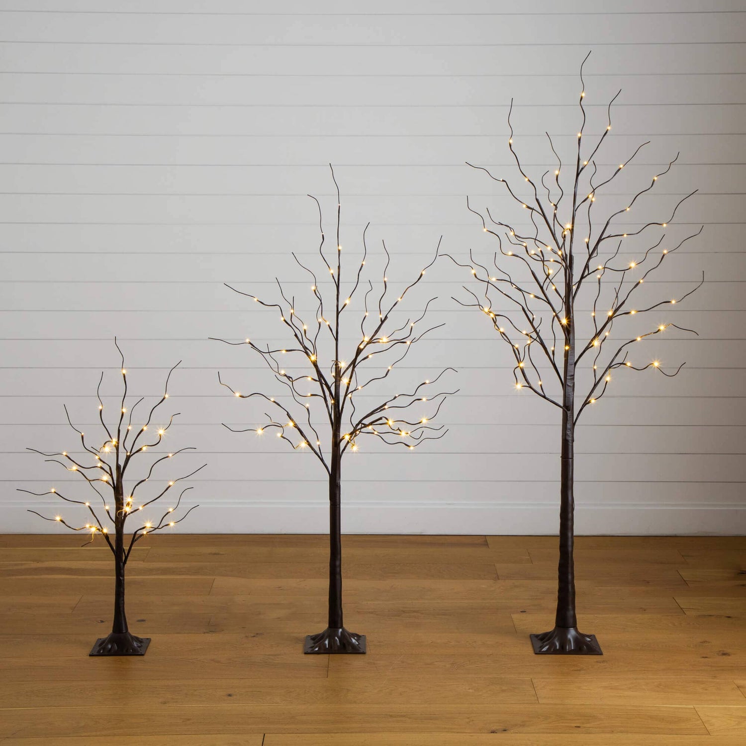 3' 5' 6' Artificial Brown Birch Trees with Warm White LED Lights - Set of 3