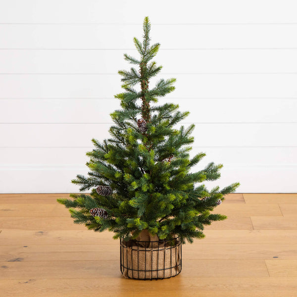 3' Artificial Balsam Fir Christmas Tree with Pine Cones in Jute Wire Planter