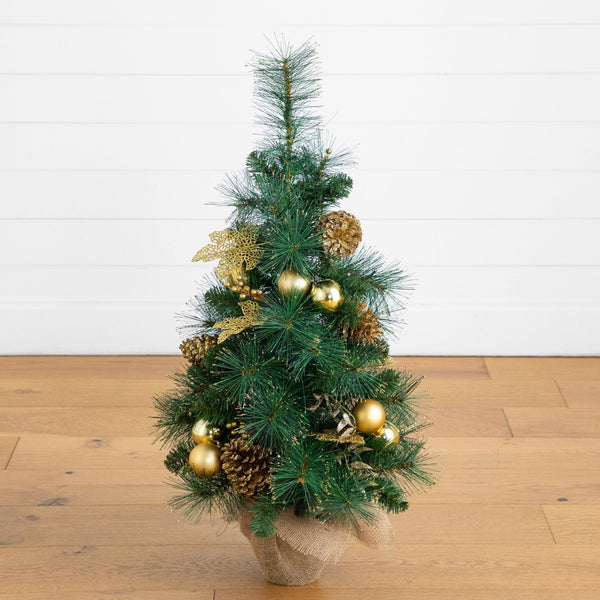 3’ Artificial Pre-Lit Christmas Tree with Gold Ornaments & Pinecones and 50 LED Lights in Jute Wrapped Base