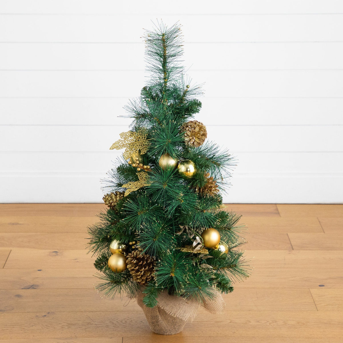 3’ Artificial Pre-Lit Christmas Tree with Gold Ornaments & Pinecones and 50 LED Lights in Jute Wrapped Base
