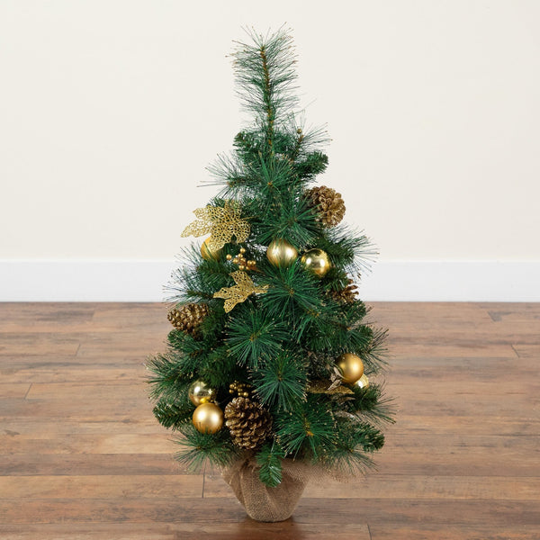 3’ Artificial Pre-Lit Christmas Tree with Gold Ornaments & Pinecones and 50 LED Lights in Jute Wrapped Base