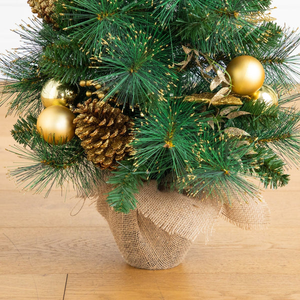 3’ Artificial Pre-Lit Christmas Tree with Gold Ornaments & Pinecones and 50 LED Lights in Jute Wrapped Base