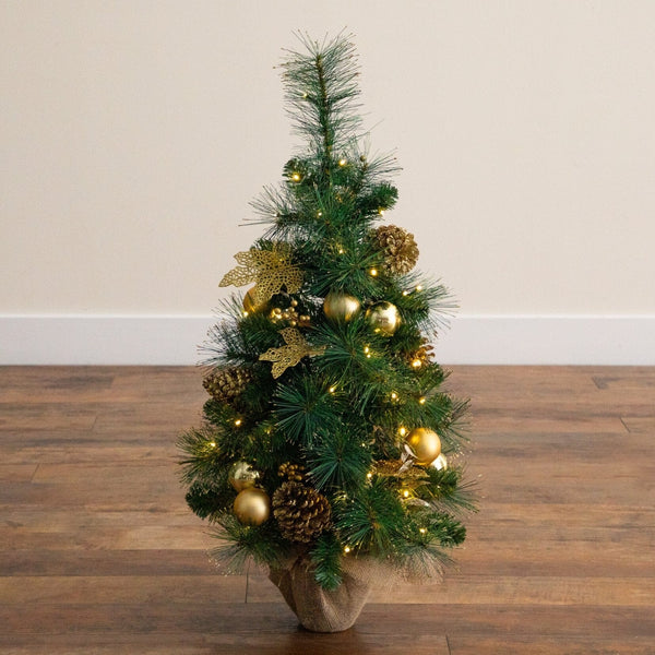 3’ Artificial Pre-Lit Christmas Tree with Gold Ornaments & Pinecones and 50 LED Lights in Jute Wrapped Base