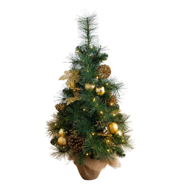 3’ Artificial Pre-Lit Christmas Tree with Gold Ornaments & Pinecones and 50 LED Lights in Jute Wrapped Base