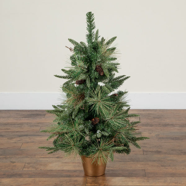 3' Artificial Pre-Lit Snowed Mixed Pine Christmas Tree with 36 LED Lights and Pinecones in Gold Decorative Planter
