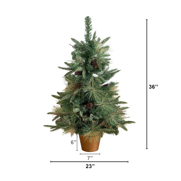 3' Artificial Pre-Lit Snowed Mixed Pine Christmas Tree with 36 LED Lights and Pinecones in Gold Decorative Planter