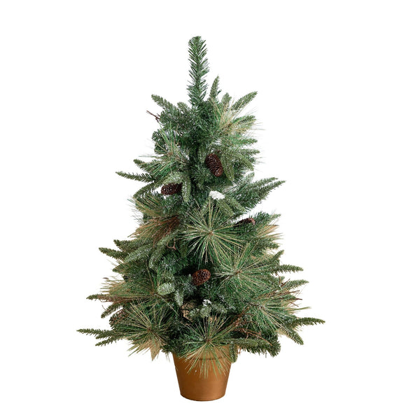 3' Artificial Pre-Lit Snowed Mixed Pine Christmas Tree with 36 LED Lights and Pinecones in Gold Decorative Planter