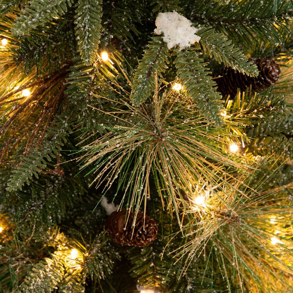 3' Artificial Pre-Lit Snowed Mixed Pine Christmas Tree with 36 LED Lights and Pinecones in Gold Decorative Planter