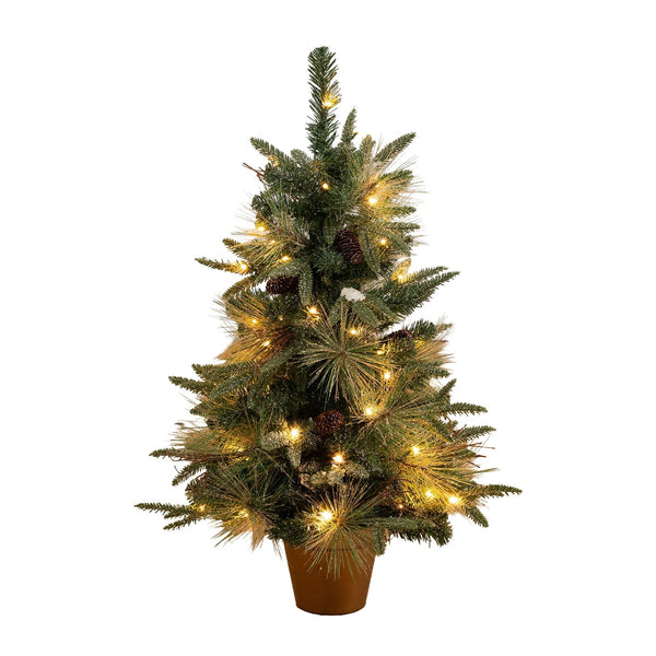3' Artificial Pre-Lit Snowed Mixed Pine Christmas Tree with 36 LED Lights and Pinecones in Gold Decorative Planter
