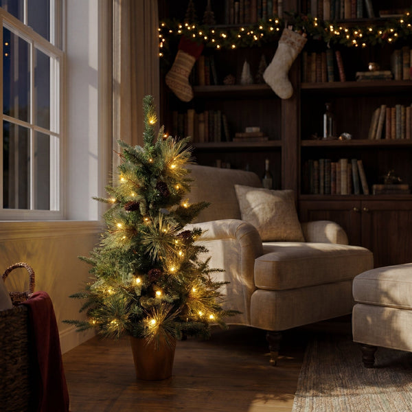 3' Artificial Pre-Lit Snowed Mixed Pine Christmas Tree with 36 LED Lights and Pinecones in Gold Decorative Planter