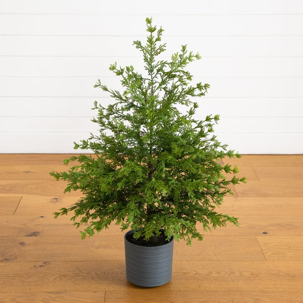 3' Artificial Real Touch Cedar Tree in Decorative Gray Planter