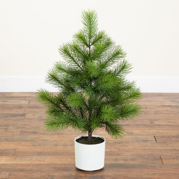 3' Artificial Real Touch Masson Pine Christmas Tree in White Decorative Planter