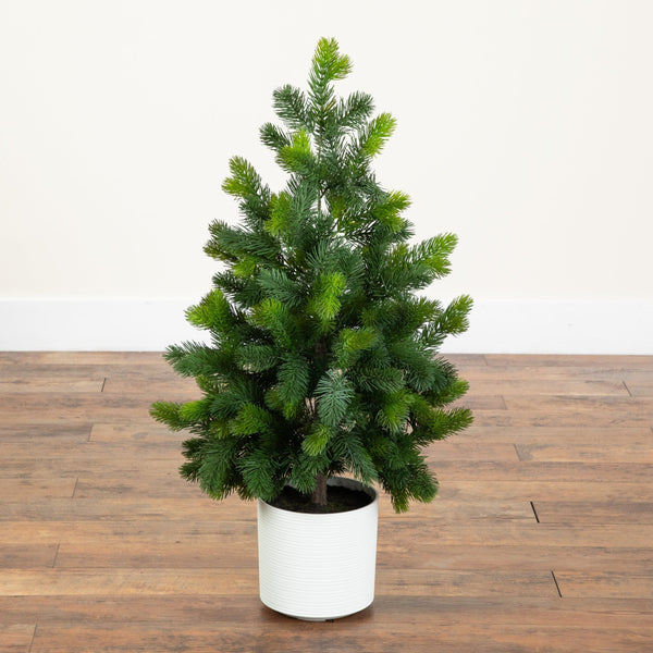3' Artificial Real Touch Spruce Pine Christmas Tree in White Decorative Planter