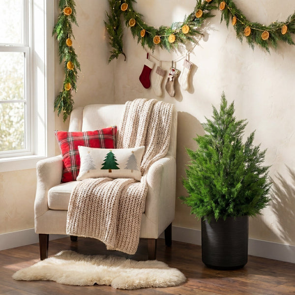 3' Artificial Real Touch Winter Cypress Bush in Black Decorative Planter