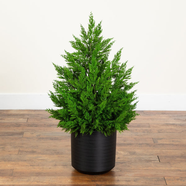 3' Artificial Real Touch Winter Cypress Bush in Black Decorative Planter