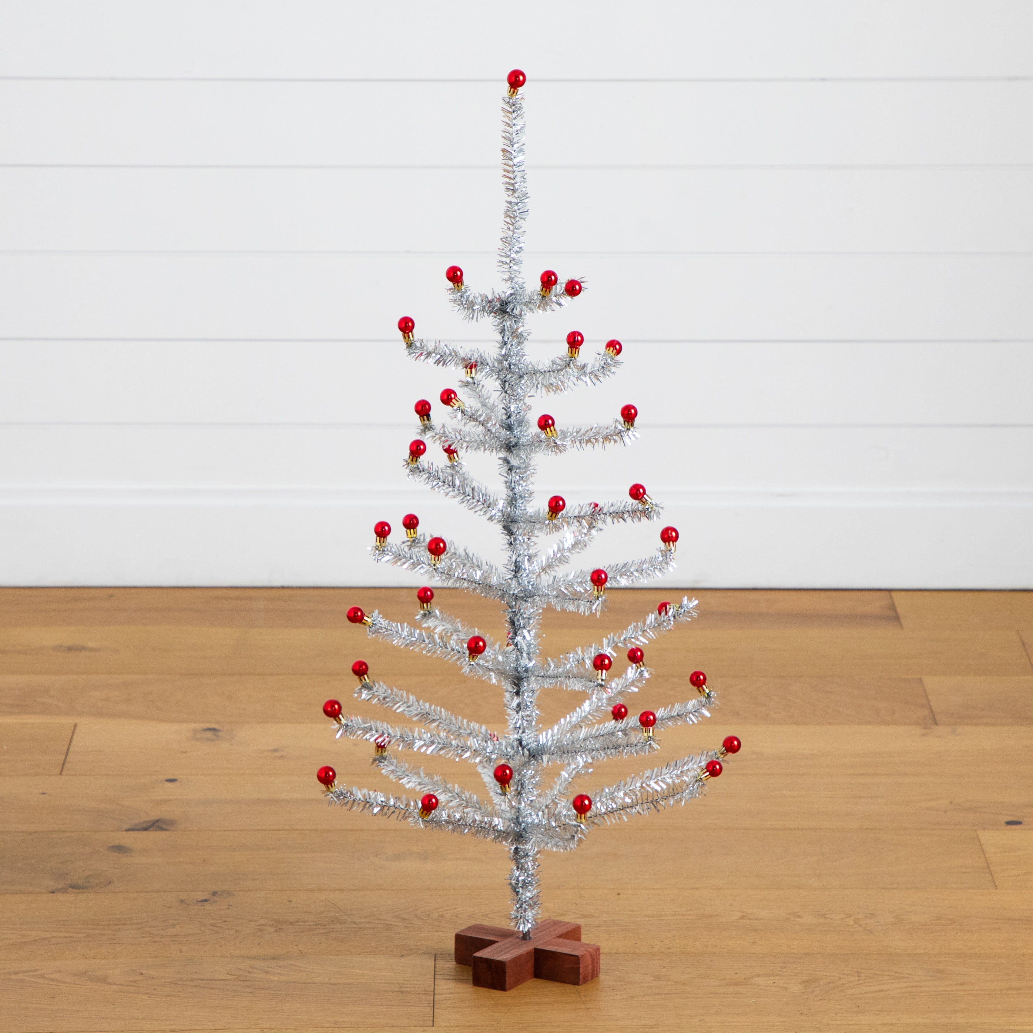 3' Artificial Retro Silver Tinsel Christmas Tree with 45 Red Mini Orna ...