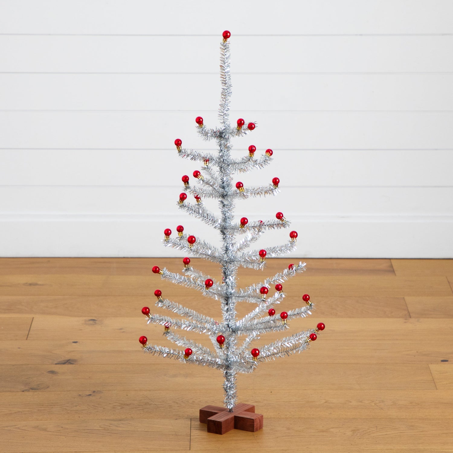 3' Artificial Retro Silver Tinsel  Christmas Tree with 45 Red Mini Ornament Balls and Wooden Base