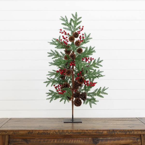 3' Artificial Slim Christmas Tree with Pine Cones & Berries