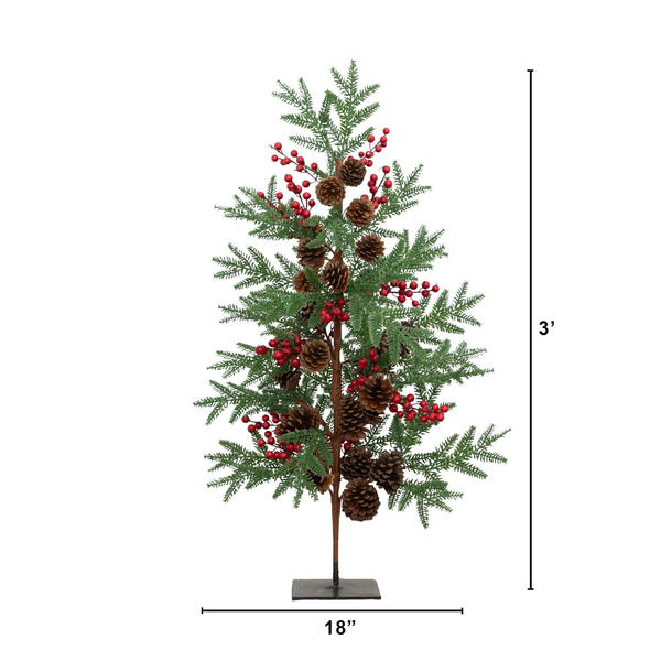 3' Artificial Slim Christmas Tree with Pine Cones & Berries