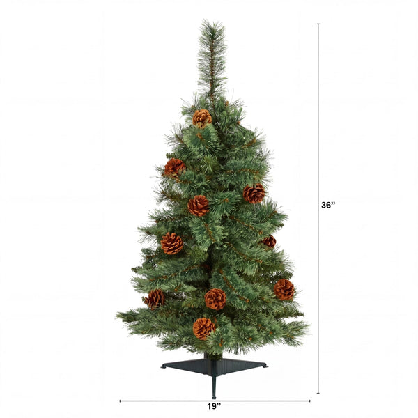 3’ Artificial White Mountain Pine Christmas Tree with Pine Cones