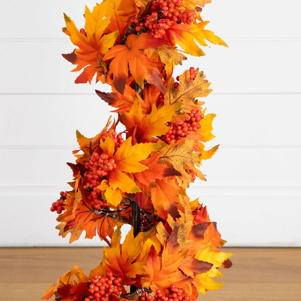 3' Autumn Maple Artificial Fall Spiral Tree with Berries in Decorative Urn
