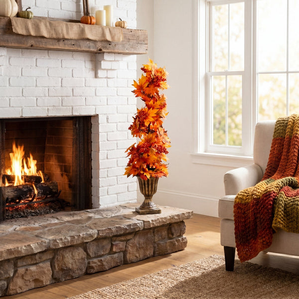 3' Autumn Maple Artificial Fall Spiral Tree with Berries in Decorative Urn