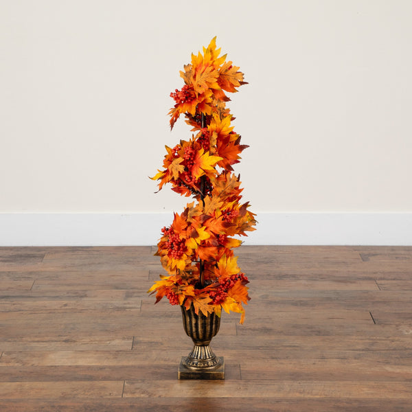 3' Autumn Maple Artificial Fall Spiral Tree with Berries in Decorative Urn