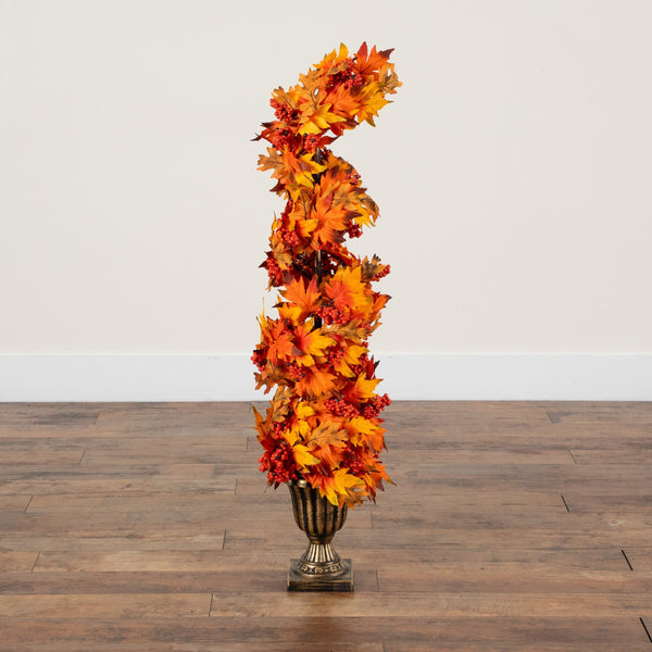 3' Autumn Maple Artificial Fall Spiral Tree with Berries in Decorative Urn