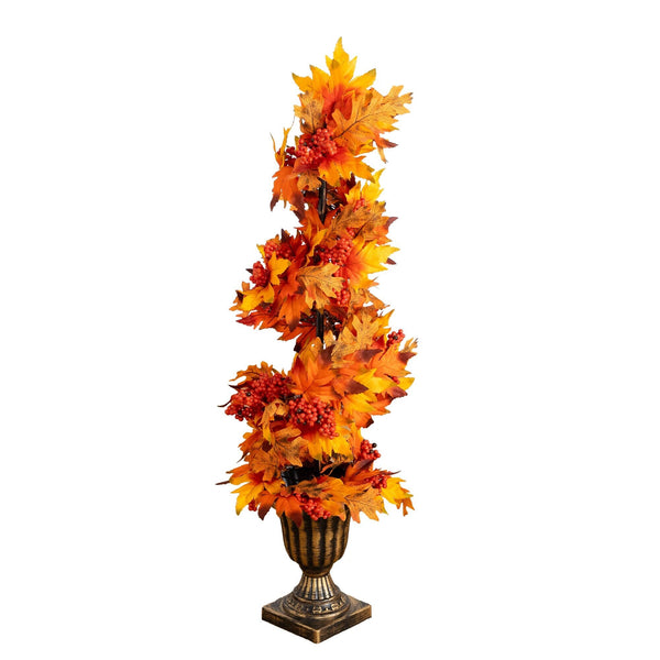 3' Autumn Maple Artificial Fall Spiral Tree with Berries in Decorative Urn